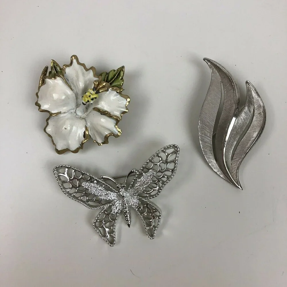 VTG 3pc Lot Trifari Sarah Coventry Brooch Enamel Flower Silver Butterfly Leaf